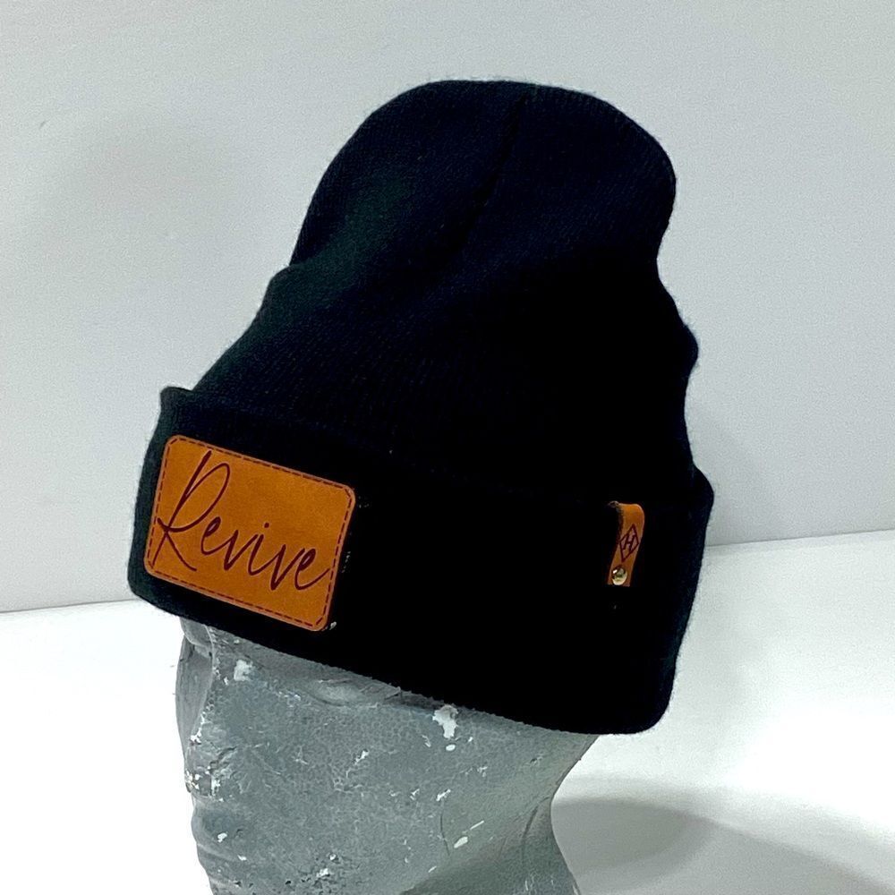 Black Knit Hat Beanie Revive Leather Front Patch With H Logo